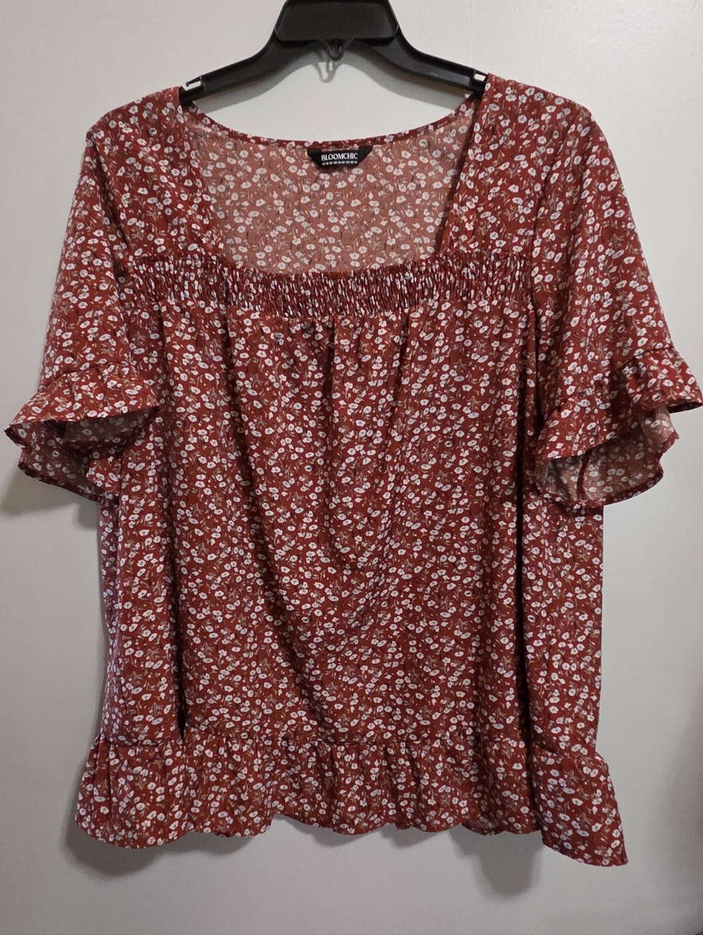 bloomchic Red Floral Square-Neck Ruffle Sleeve Top